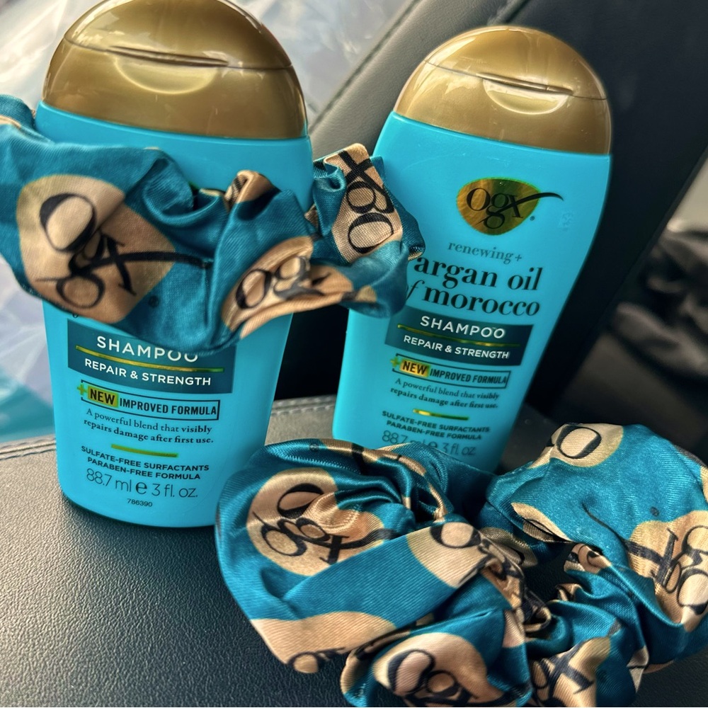 Matching OGX logo scrunchie and Argan oil of Morocco Shampoo